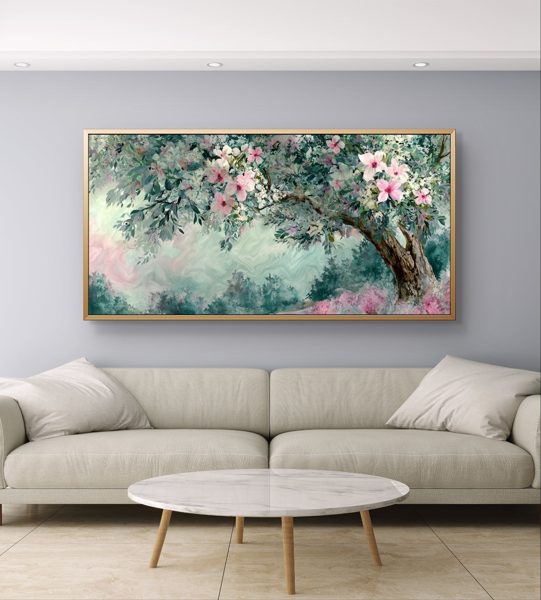 תמונת קנבס פריחת אביב רומנטית – ענפי פרחים בגווני ירוק ופודרה | CJ6532