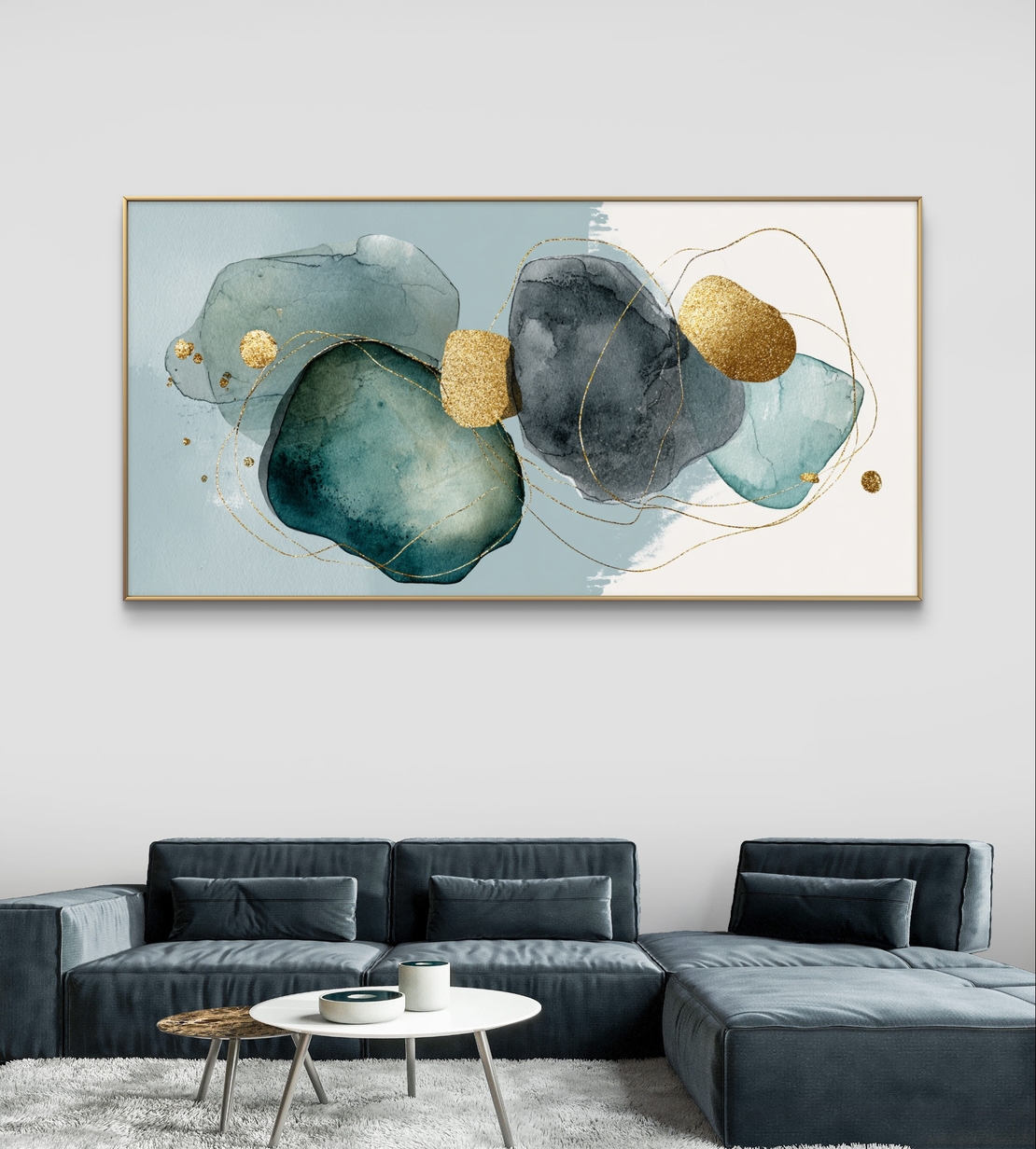 תמונת קנבס לרוחב בסגנון אקוורל בגווני טורקיז אפור וכחול עם נגיעות זהב עדינות – תכשיט לבית