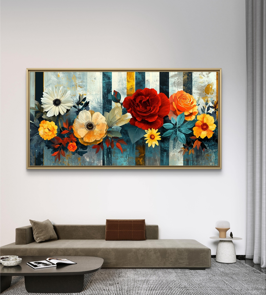 תמונת קנבס לרוחב עם פרחים צבעוניים בגווני אדום, כתום ושמנת על רקע מודרני בגווני כחול וזהב.