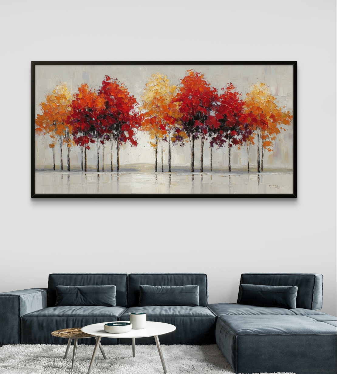 תמונת קנבס לרוחב עם שדרת עצים בגווני אדום כתום וזהב לעיצוב הבית