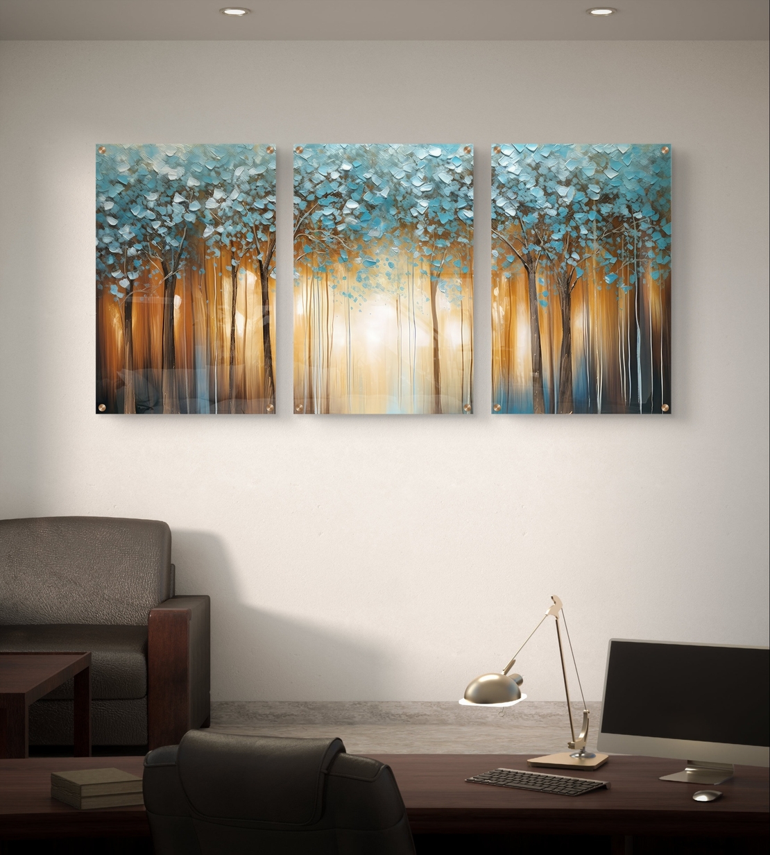 שלשת תמונות זכוכית יער אור בכחול וזהב – דגם GG5474