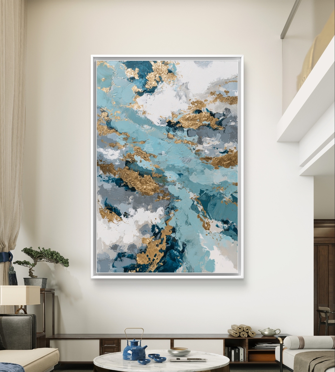 תמונת קנבס אבסטרקטית בגווני תכלת, כחול ולבן עם נגיעות זהב בעיצוב יוקרתי ואלגנטי לבית