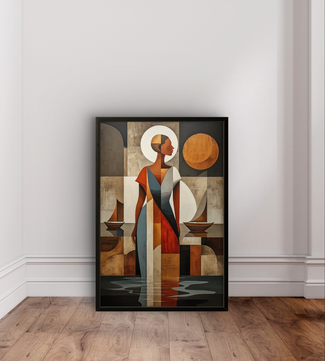 תמונת קנבס עם דמות נשית מופשטת בסגנון גאומטרי בגווני אדמה וכחול בעיצוב אלגנטי ומודרני
