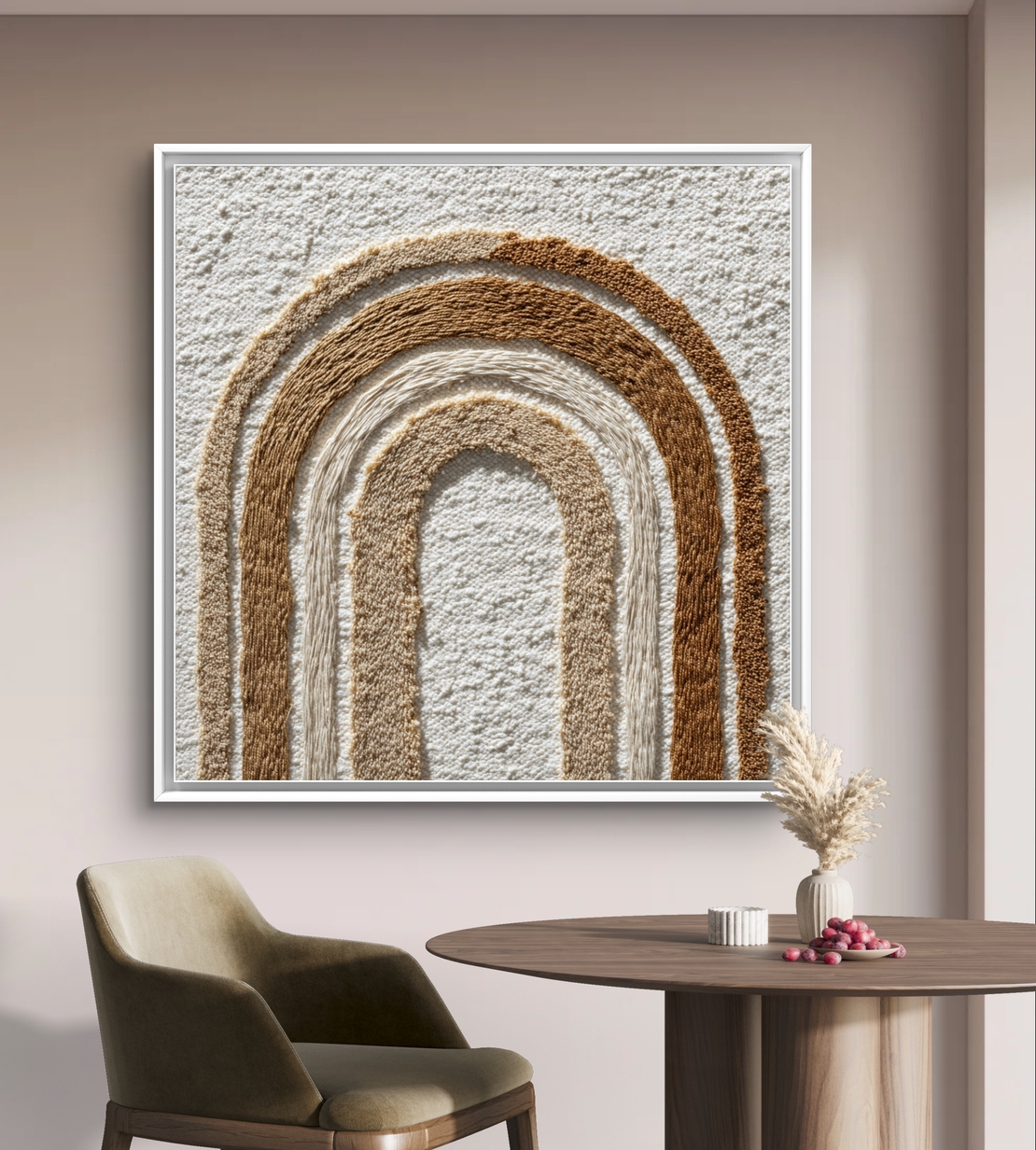 תמונת קנבס מרובעת עם קשתות אבסטרקטיות בגווני קרם, בז’ וחום, סגנון מינימליסטי, הדפסה חלקה ללא תבליט