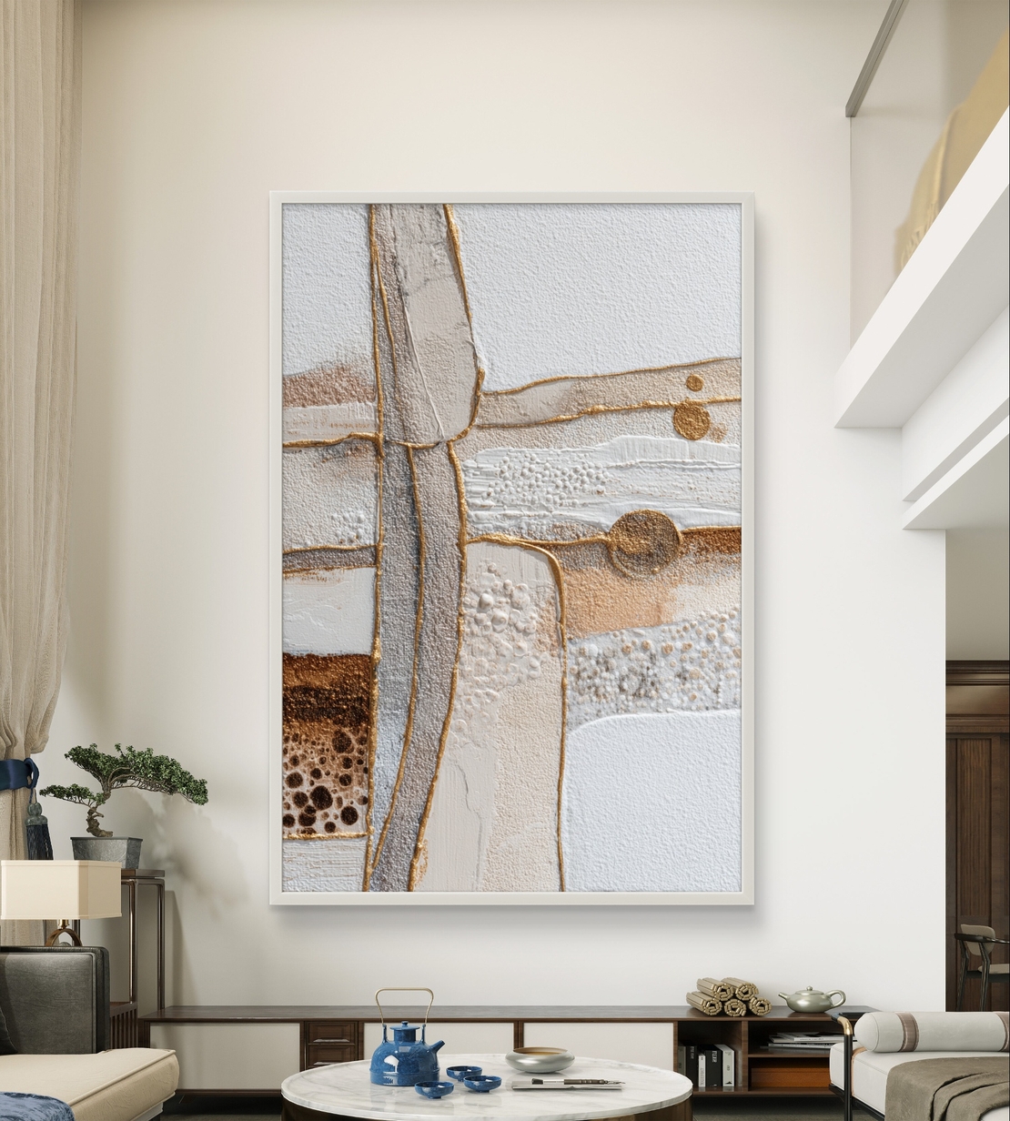 קווים זהובים – תמונת קנבס אבסטרקט טקסטורלית בלבן, בז׳ וזהב | CR6543