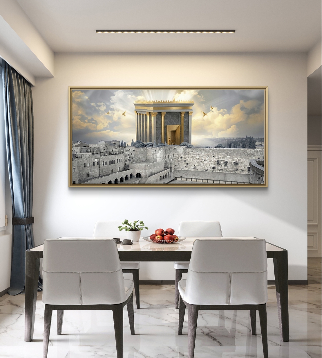 תמונת קנבס לרוחב של בית המקדש מעל ירושלים עם אור זהב שמיימי, עיצוב קדוש ומרומם לבית – מבית תכשיט לבית
