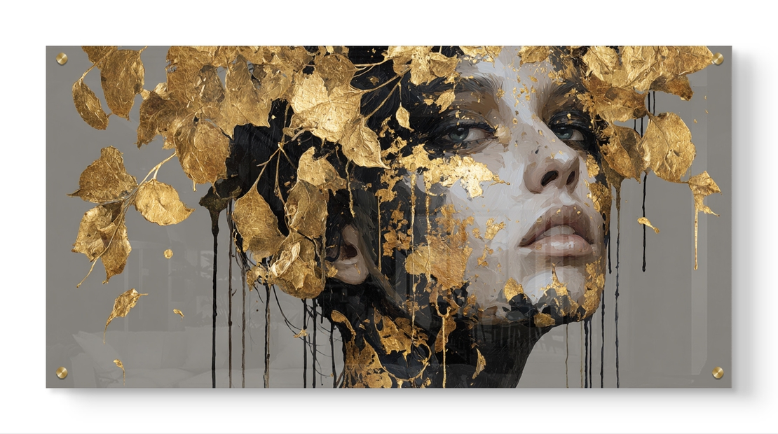 תמונת זכוכית בהדפסה חלקה של דיוקן נשי אומנותי עם עלי זהב דרמטיים בגווני שחור, אפור וזהב, בעיצוב יוקרתי ומודרני.