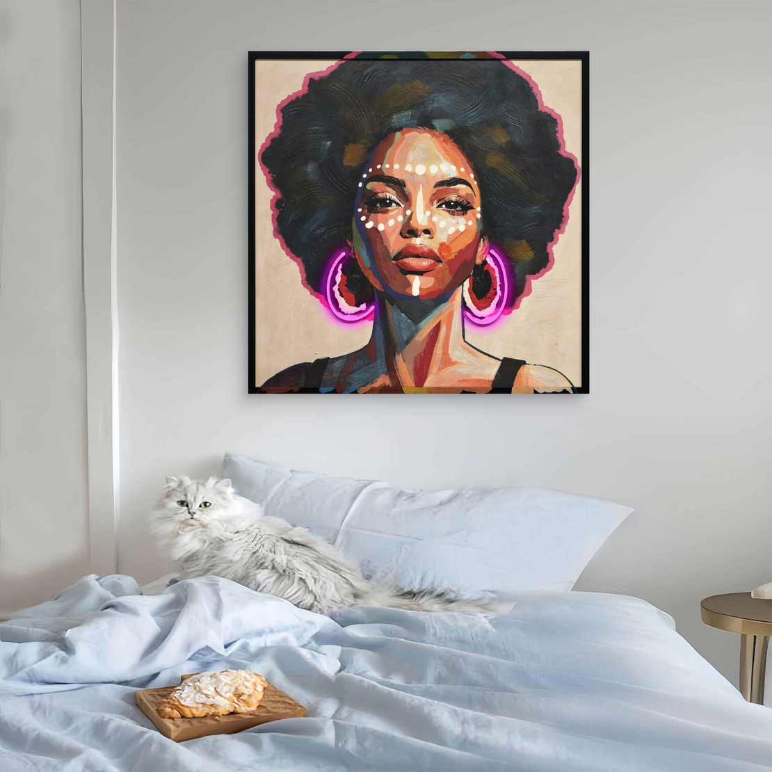 תמונת LED פורטרט אישה עם עגילי ניאון – הדפס משודרג עם מריחות צבע, מופעלת על סוללות עם שלט רחוק מידה 83*83 ס