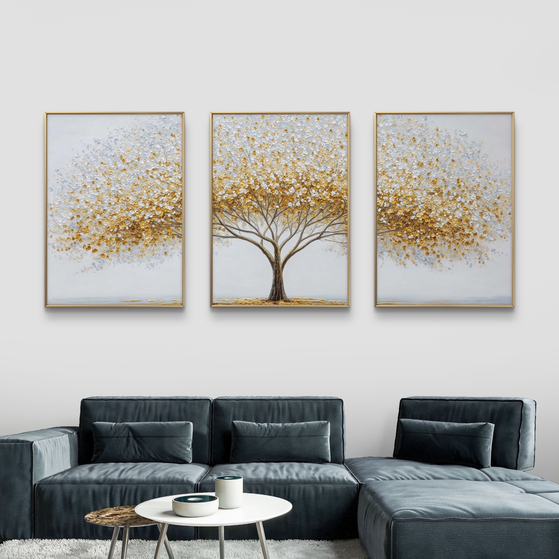 שלישיית קנבס עם עץ ועלים מוזהבים על רקע בהיר – תכשיט לבית