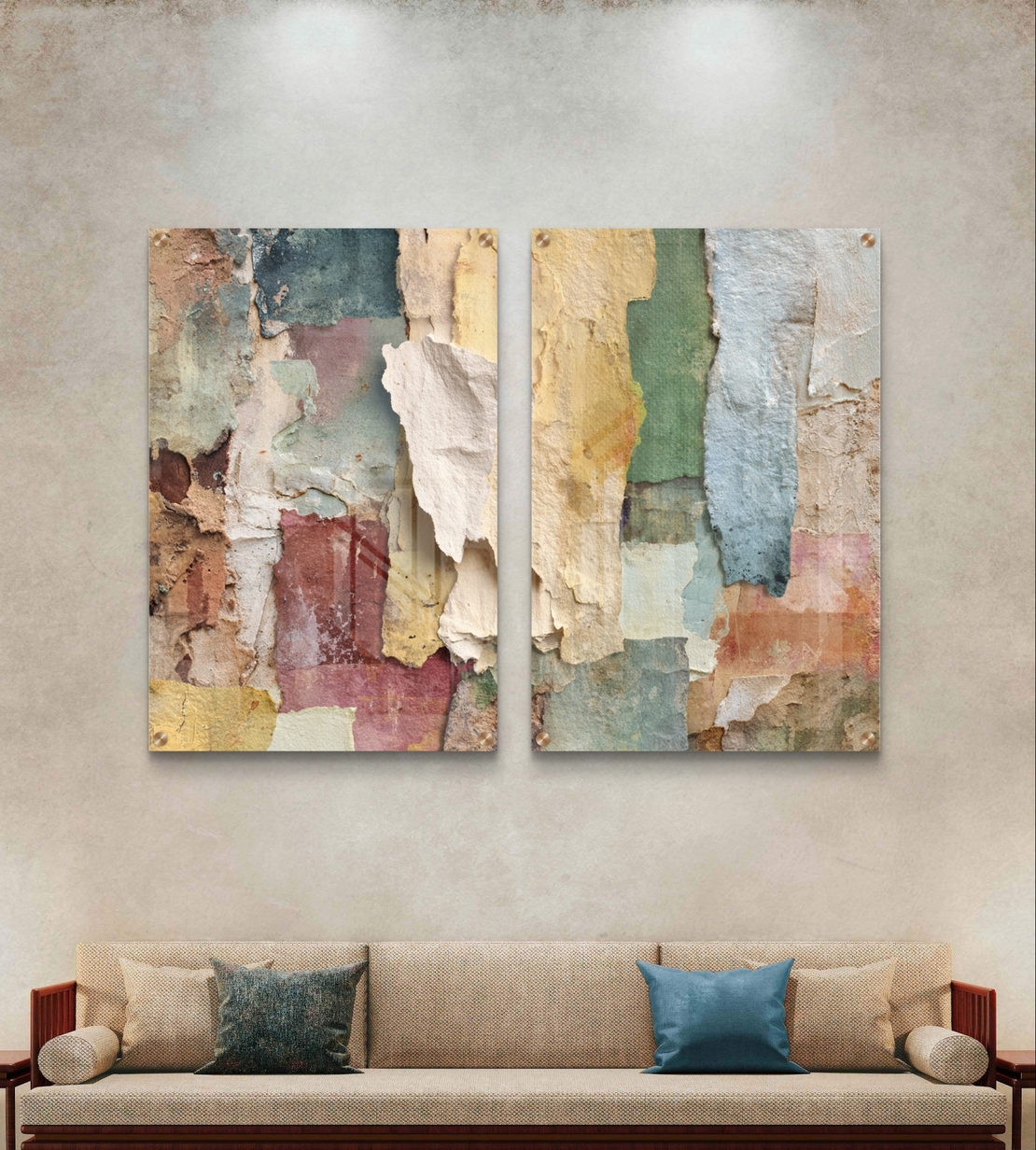 תמונת זכוכית זוגית אבסטרקטית עם שכבות צבע וטקסטורה טבעית בהדפסה חלקה