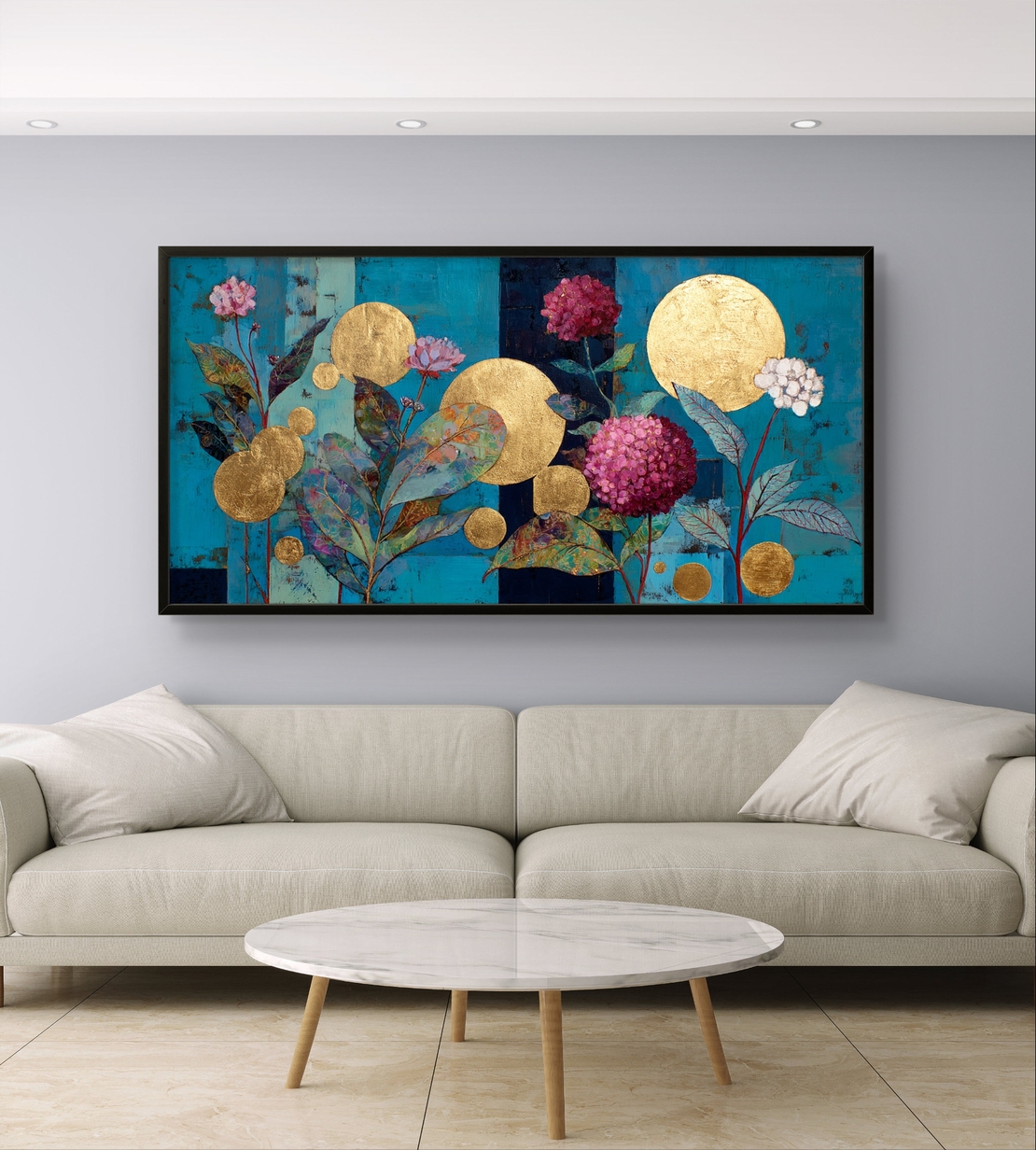 גן הזהב הבוטני – תמונת קנבס פרחים וזהב על רקע טורקיז | CY4512