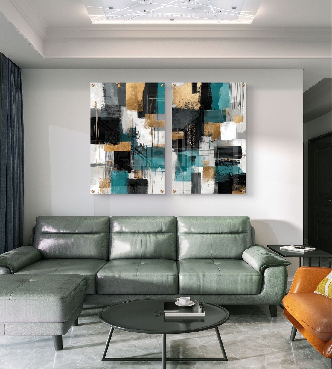 תמונת זכוכית זוגית אבסטרקטית בגווני טורקיז שחור וזהב בהדפסה חלקה מודרנית