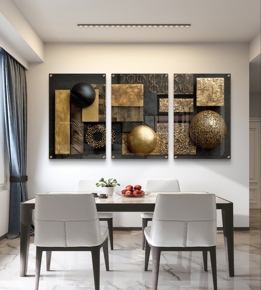 תמונת זכוכית שלשה בעיצוב גאומטרי בגווני שחור וזהב – קולקציית תכשיט לבית