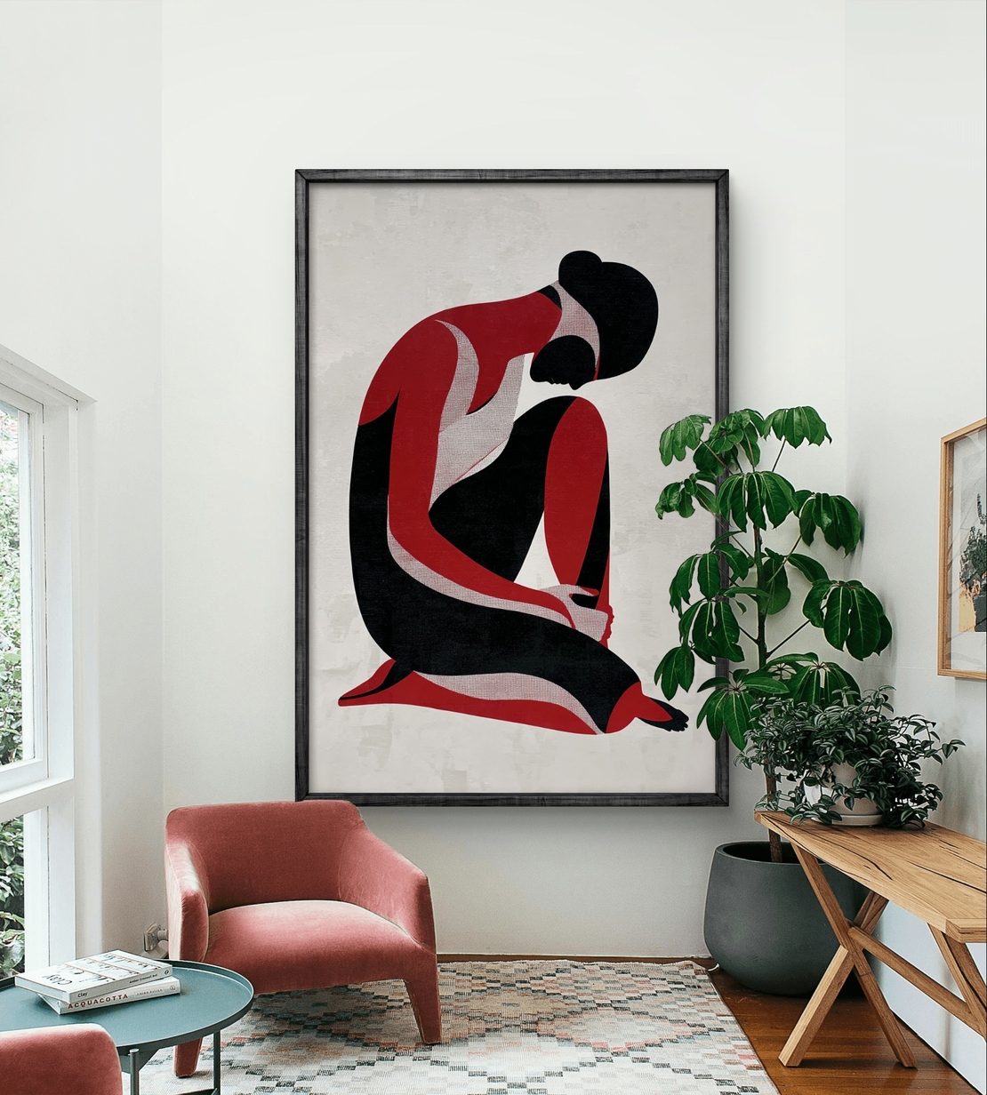 תמונת קנבס עם דמות נשית מינימליסטית בגווני שחור ואדום בעיצוב מודרני