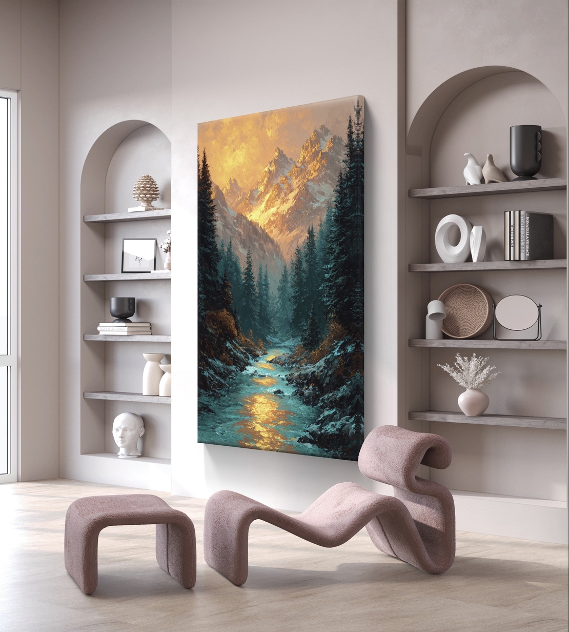 נהר זהוב בין ההרים – תמונת קנבס נוף הרים ויער בגווני כחול וזהב | DC4474
