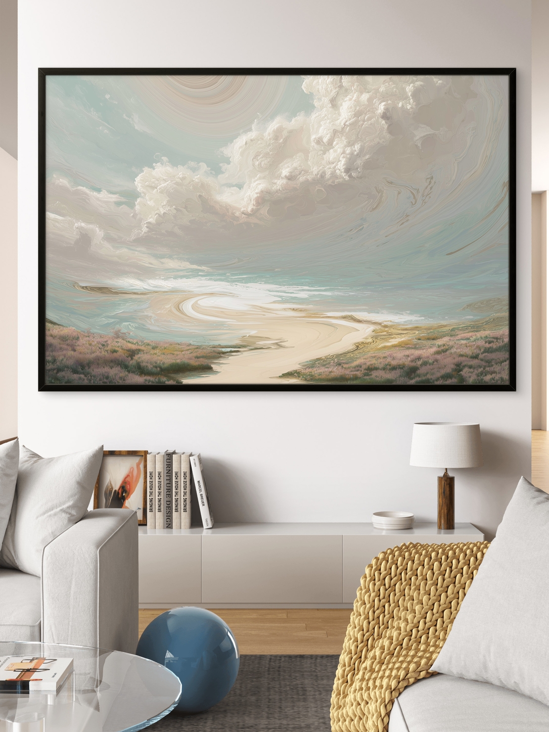 תמונת קנבס של חוף טבעי עם שמיים בתכלת-קרם ועננים מסתחררים – NEXTGEN BY BAR