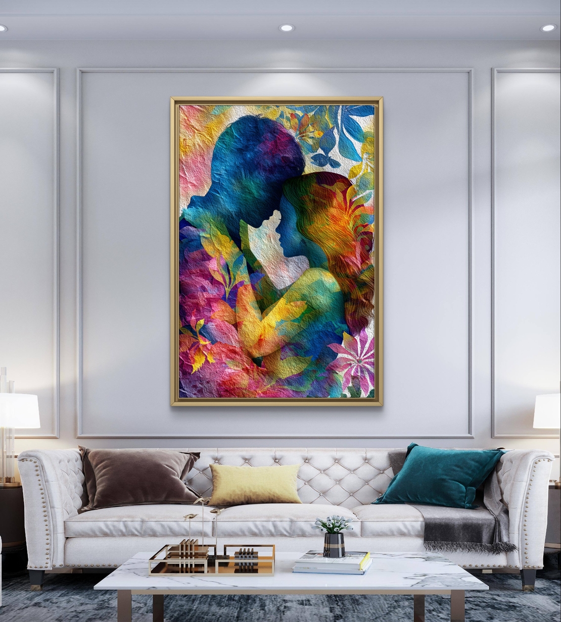 תמונת קנבס רומנטית עם צללית זוג ופרחים צבעוניים