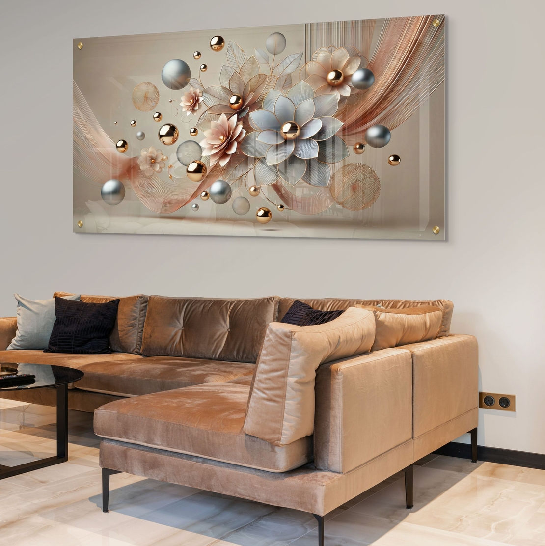 תמונת זכוכית פרחונית עם גלים עדינים, כדורים מטאליים ופרחים בהירים