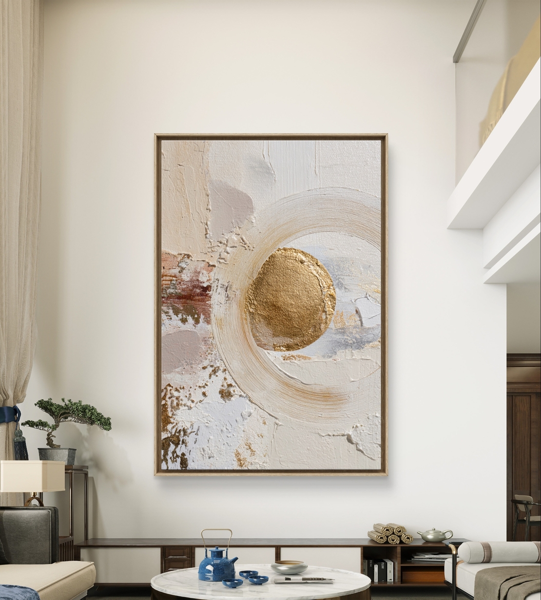 עיגול זהב שקט – תמונת קנבס אבסטרקט טקסטורלי בגווני שמנת, ורוד עתיק וזהב | CY1213