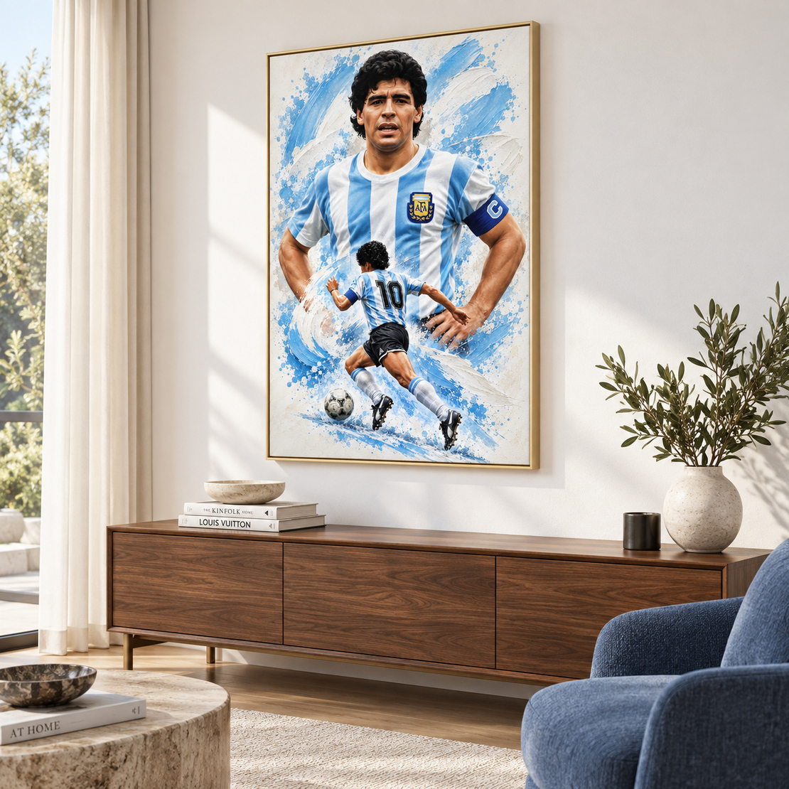 תמונת קנבס כדורגלן בתכלת ולבן עם משיחות כחולות | דגם SP9072