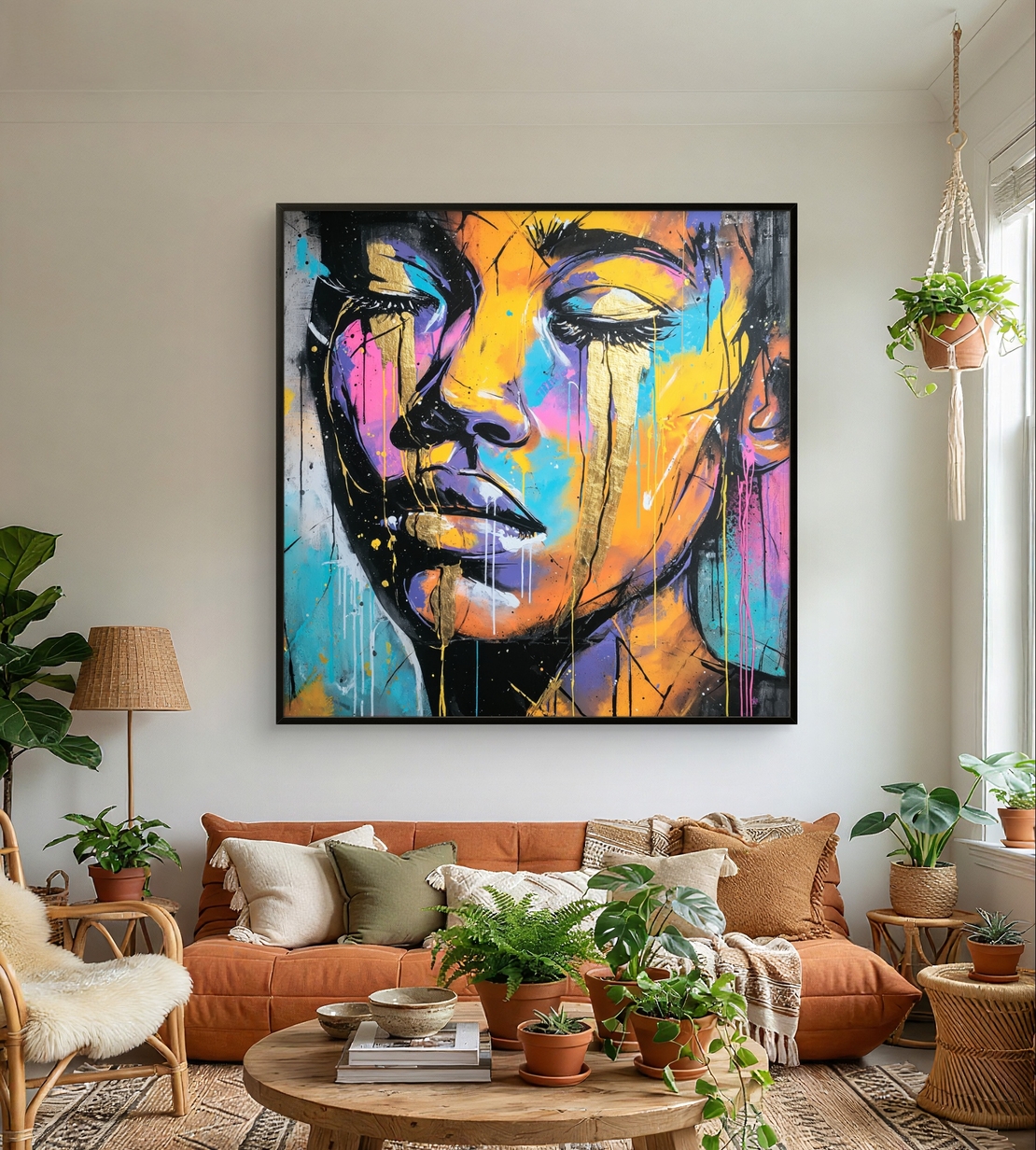 תמונת קנבס דיוקן צבעוני בסגנון סטריט-ארט עם כתום, טורקיז, ורוד וטפטופי צבע