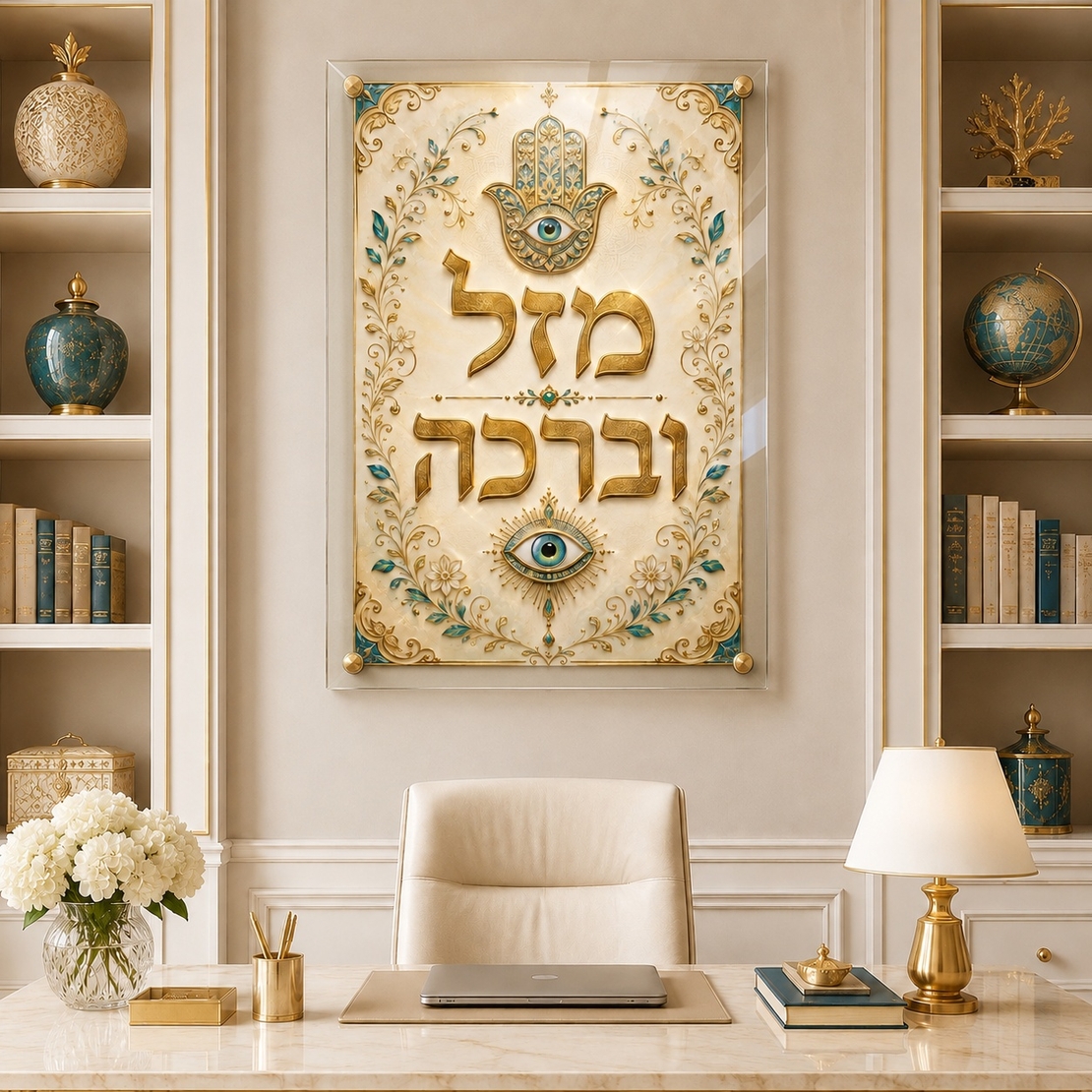 מזל וברכה – תמונת זכוכית חמסה זהב וטורקיז עם ספייסרים מוזהבים | RG452