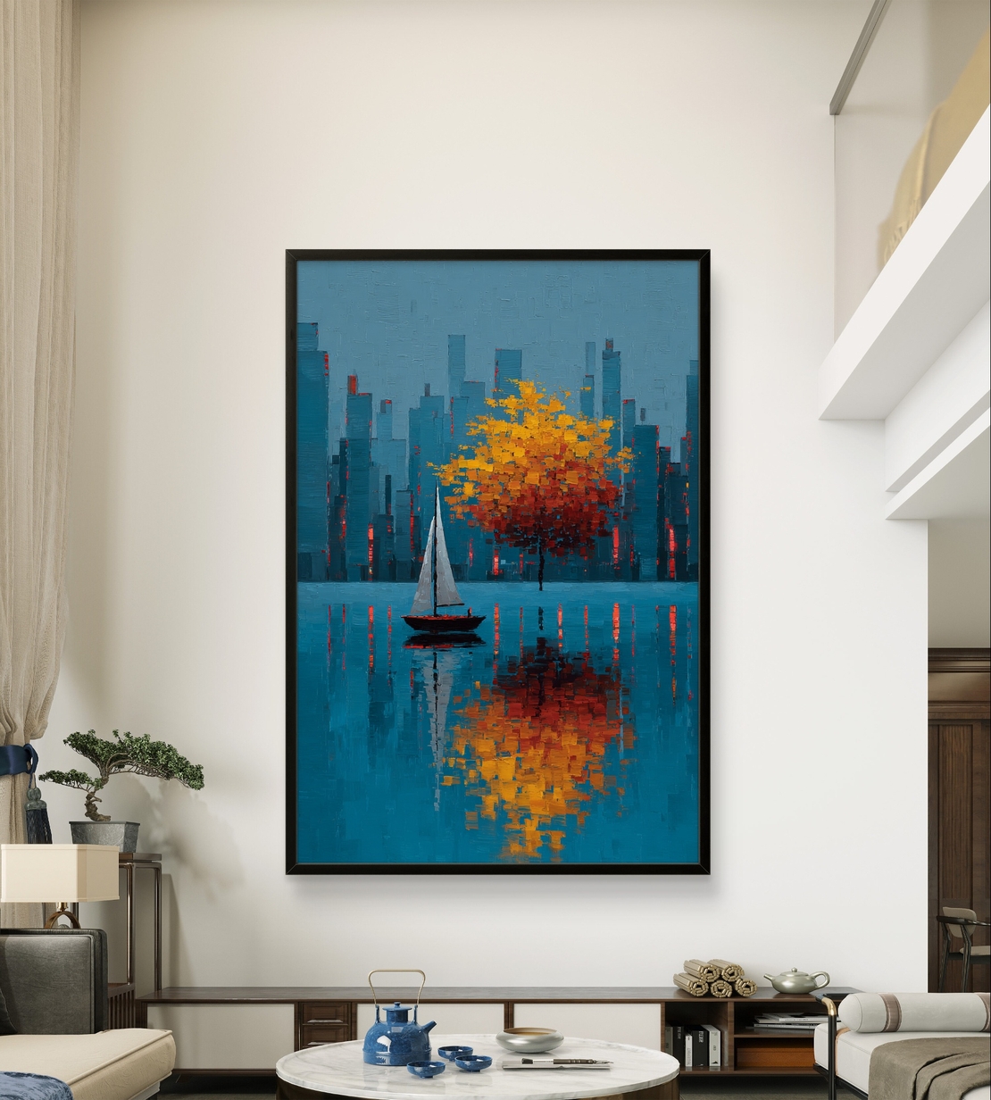 תמונת קיר קנבס יוקרתית של נוף עיר והשתקפות