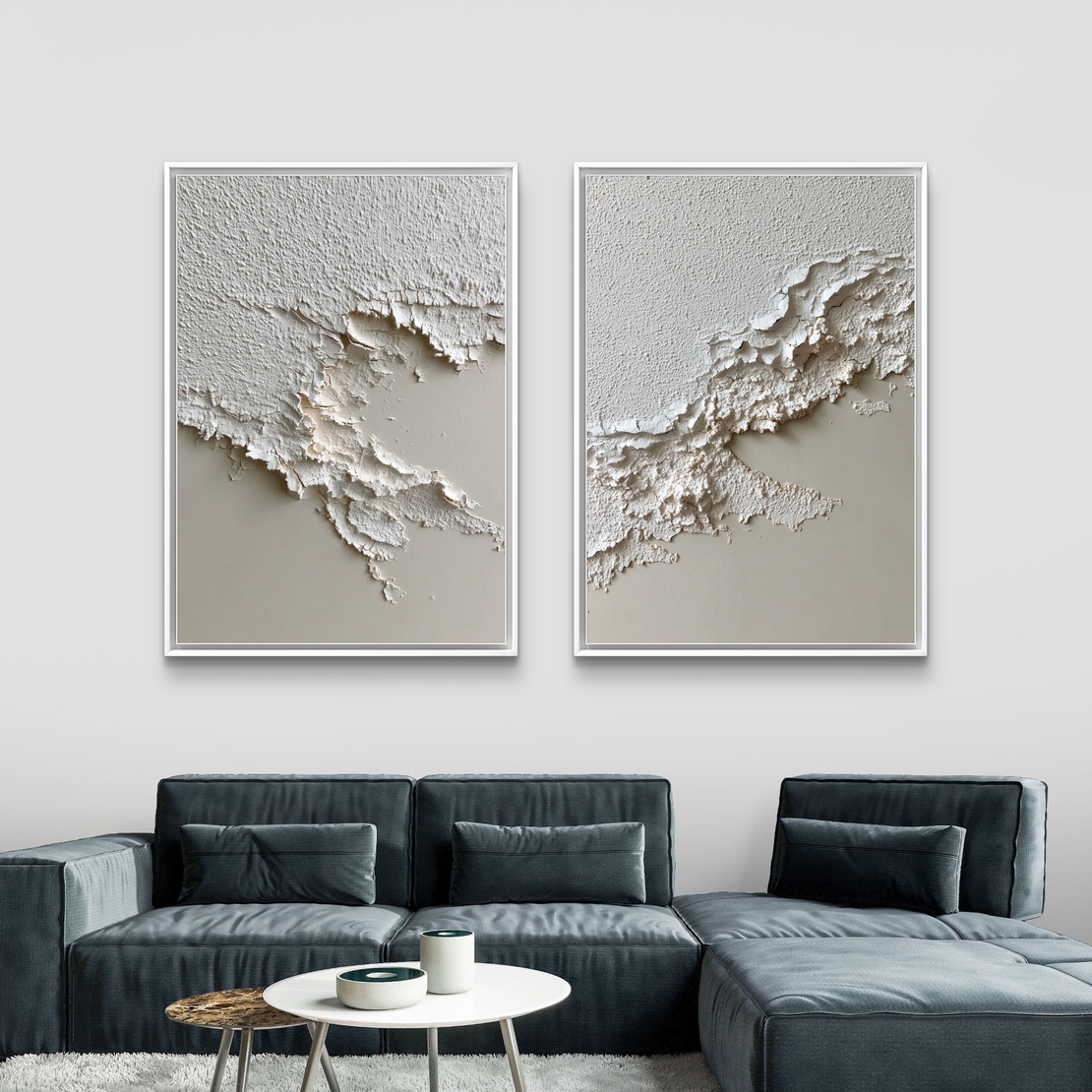 תמונת קנבס זוגית מינימליסטית בגווני לבן ושמנת עם טקסטורה עדינה ומראה רגוע