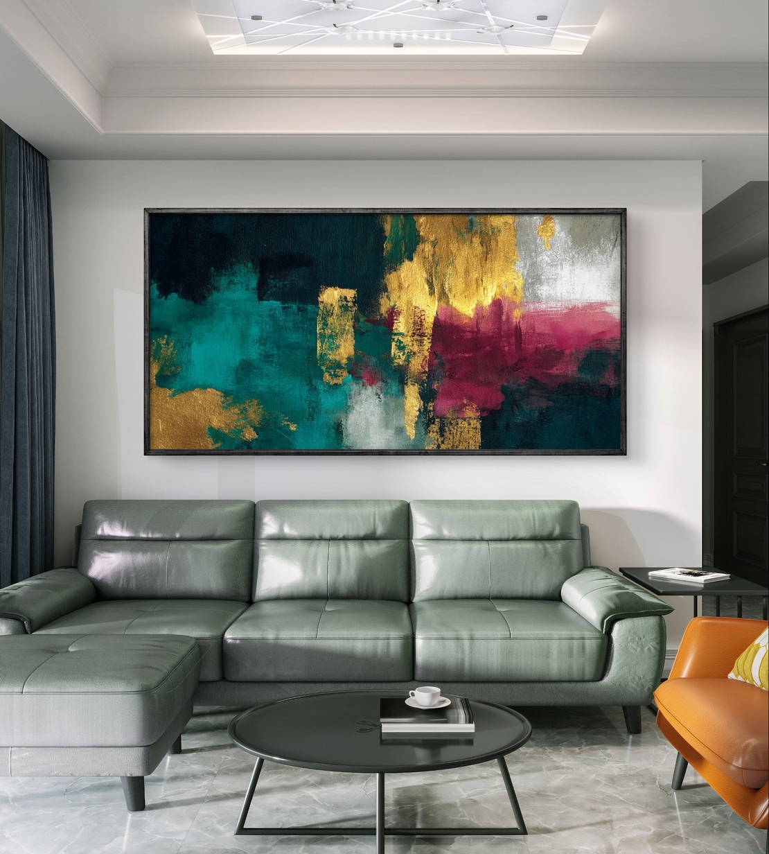 תמונת קנבס לרוחב בגווני טורקיז, זהב ובורדו בעיצוב אבסטרקט מודרני – תכשיט לבית