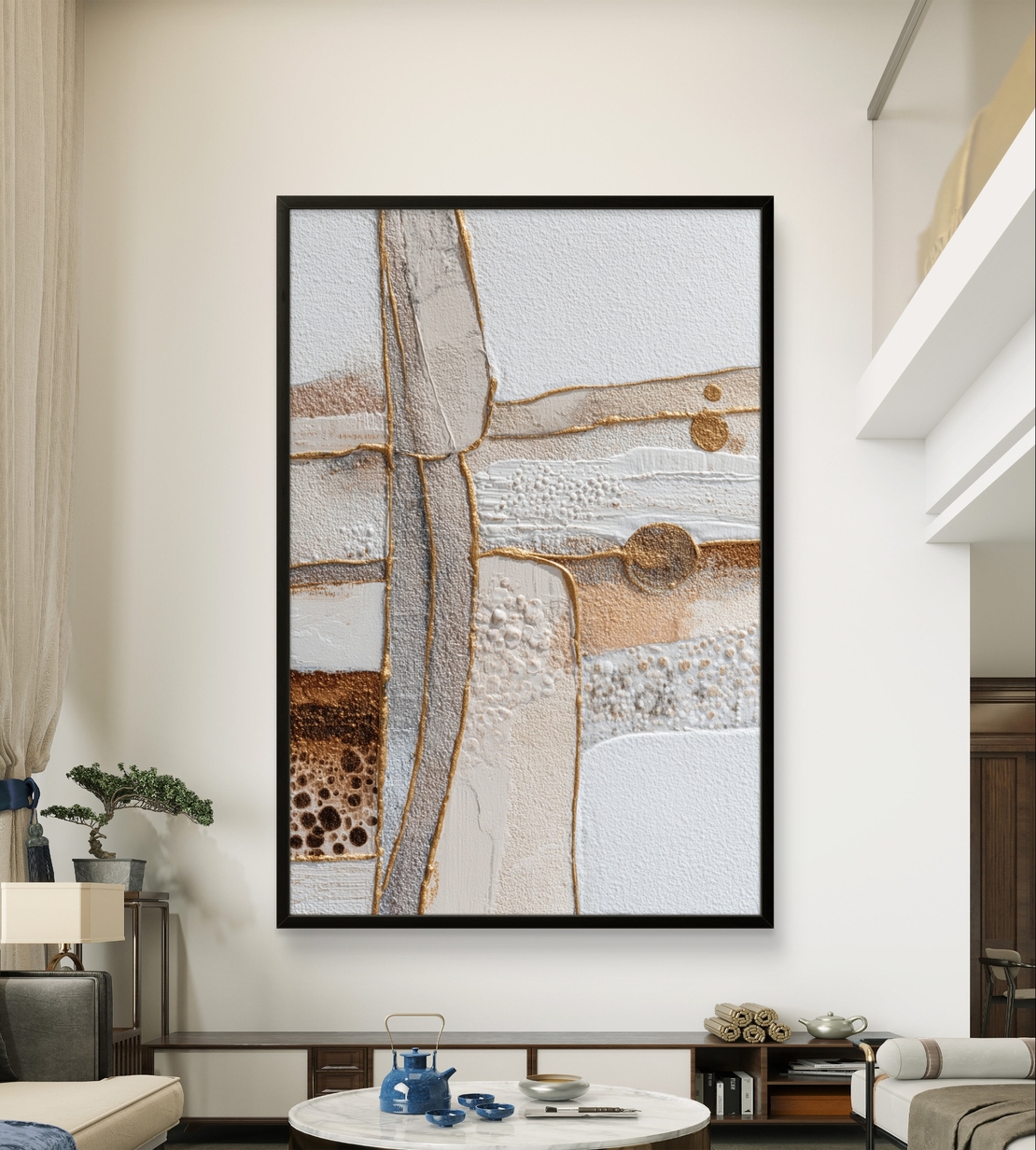 קווים זהובים – תמונת קנבס אבסטרקט טקסטורלית בלבן, בז׳ וזהב | CR6543