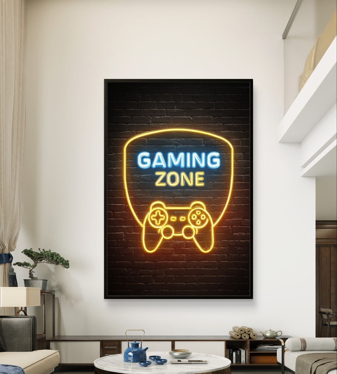תמונת קנבס עם כיתוב Gaming Zone בעיצוב ניאון ובקר משחק על רקע כהה, מתאימה לחדר גיימינג וחדר נוער
