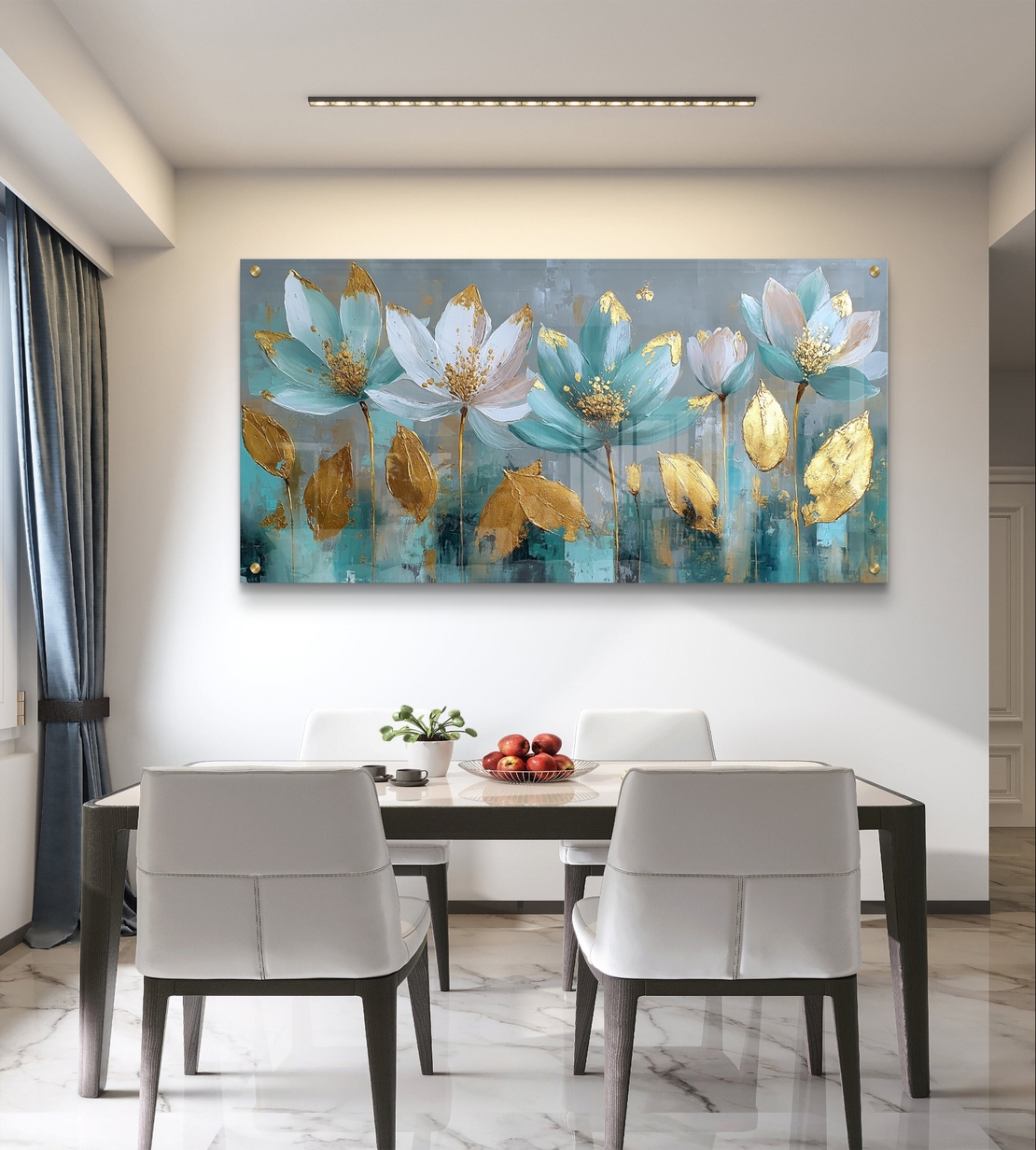תמונת זכוכית לרוחב עם פרחי לוטוס בגווני תכלת וזהב בהדפסה חלקה וללא תבליט