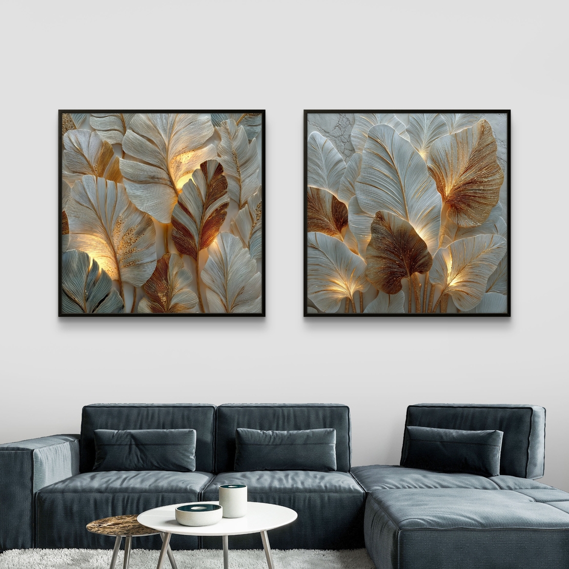 זוג תמונות קנבס עלים זוהרים בגווני פנינה, זהב ושמפניה – דגם SB6302