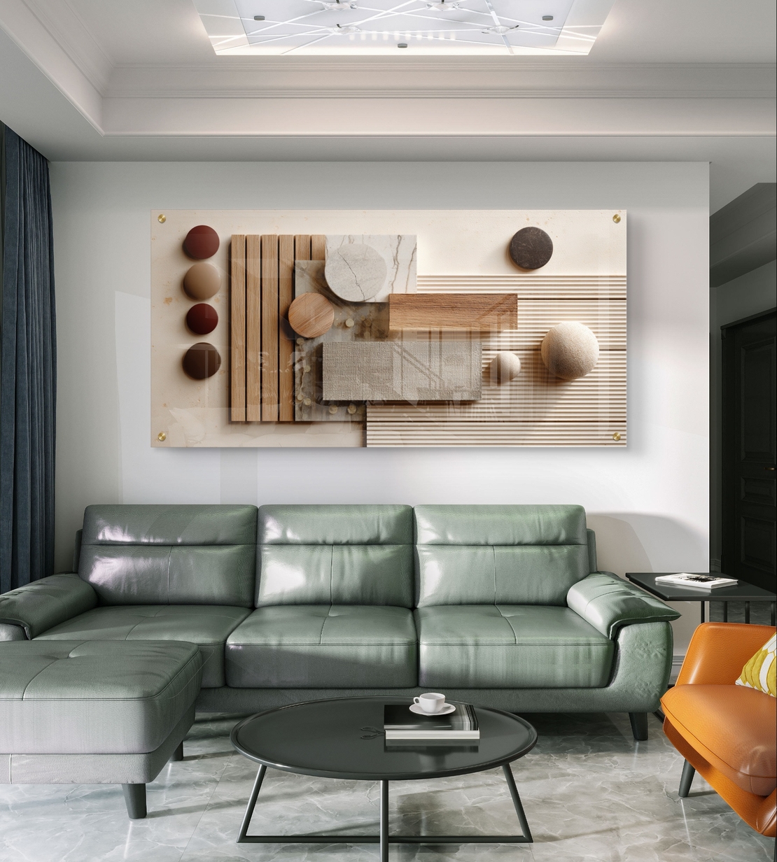 תמונת זכוכית לרוחב בעיצוב אבסטרקטי גאומטרי עם טקסטורות המדמות עץ ואבן בגווני בז׳ וחום, בהדפסה חלקה לעיצוב קיר מודרני ויוקרתי.