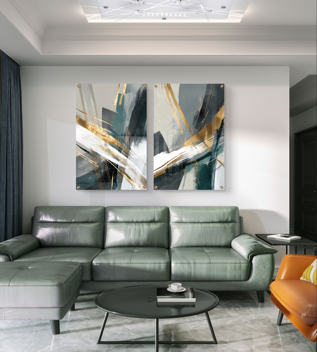 תמונת זכוכית זוגית אבסטרקטית בגווני ירוק, לבן ושחור עם נגיעות זהב בעיצוב מודרני