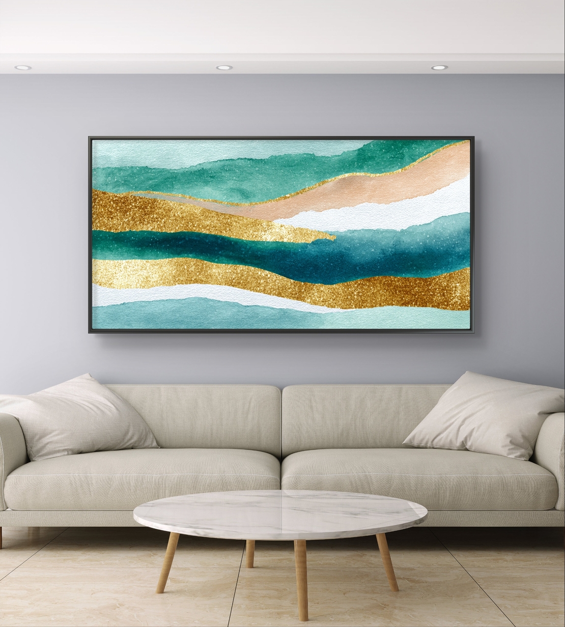 תמונת קנבס אבסטרקט טורקיז וזהב לרוחב – גלי אקוורל יוקרתיים | CJ6531