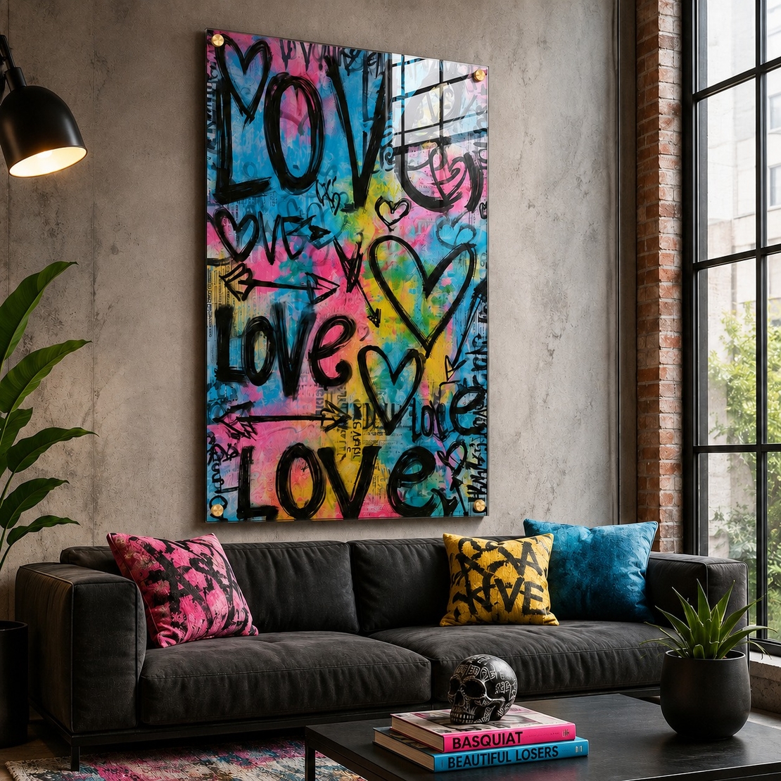 Love Street – תמונת זכוכית גרפיטי צבעונית עם לבבות לסלון | MG3073