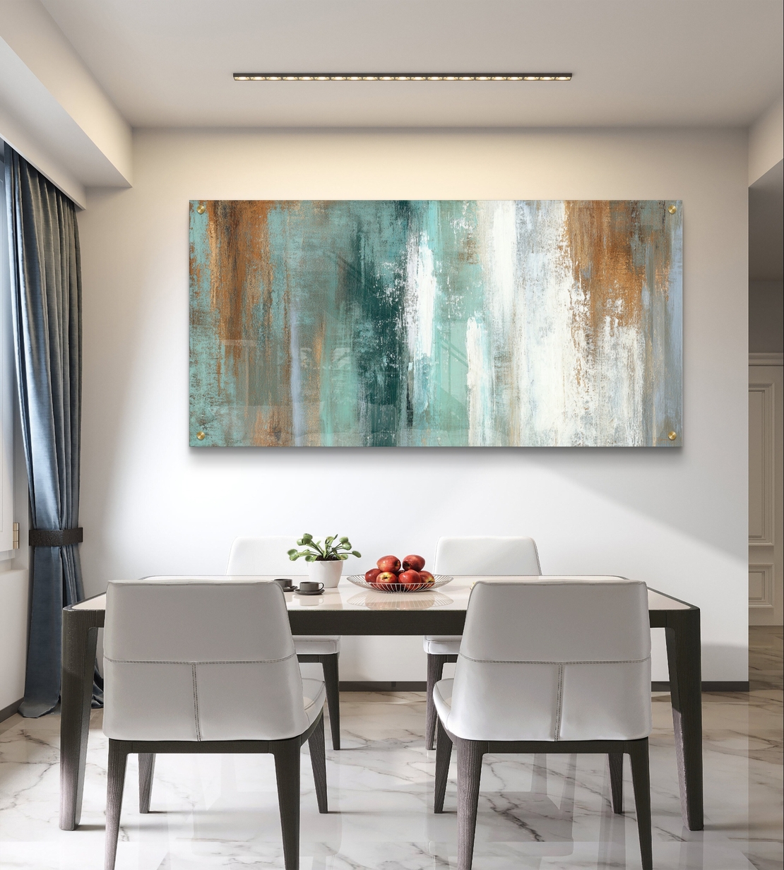 תמונת זכוכית לרוחב בעיצוב אבסטרקטי עם שכבות צבע אנכיות בגווני טורקיז, שמנת וחלודה, בהדפסה חלקה למראה מודרני ורגוע.