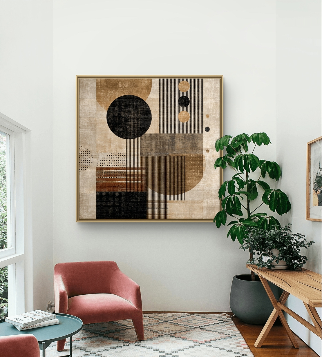 קנבס מינימליסטי עם בלוקים גיאומטריים, פסים ועיגולים בגוונים ניטרליים