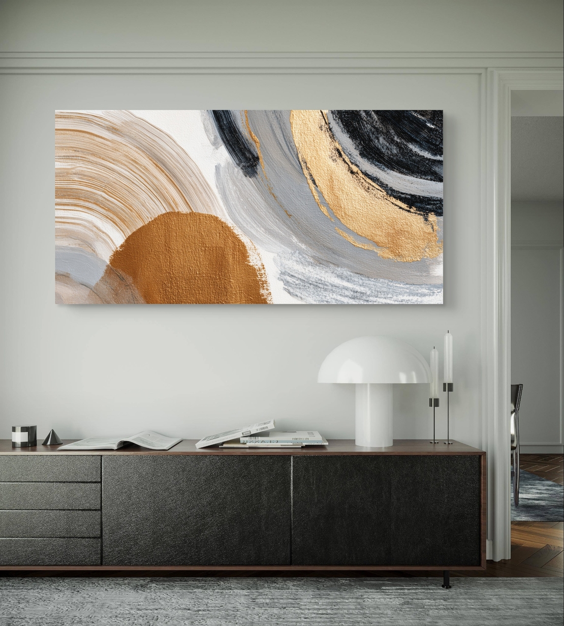 תמונת קנבס מופשטת לרוחב בגווני שחור, אפור וזהב – תכשיט לבית