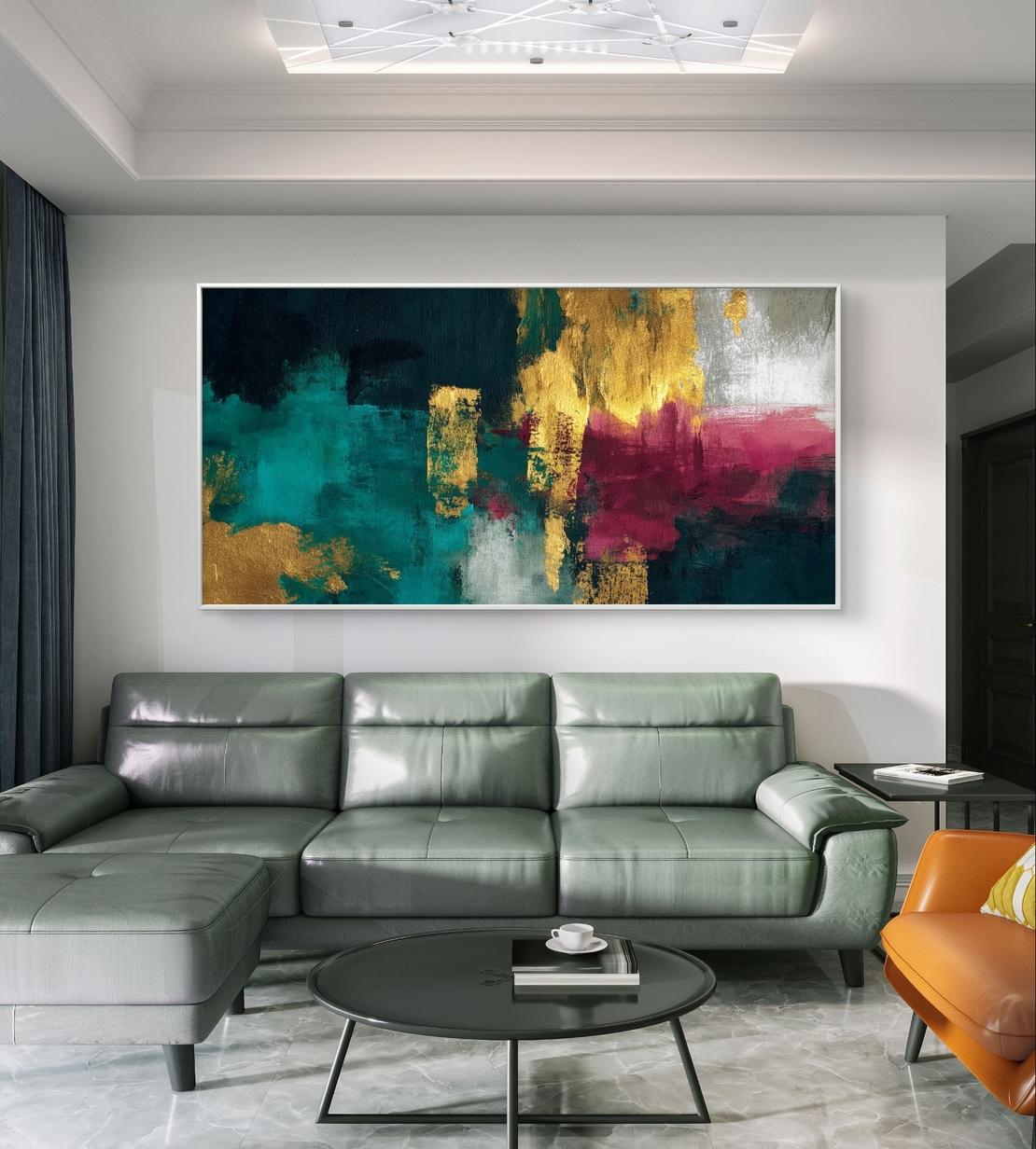 תמונת קנבס לרוחב בגווני טורקיז, זהב ובורדו בעיצוב אבסטרקט מודרני – תכשיט לבית