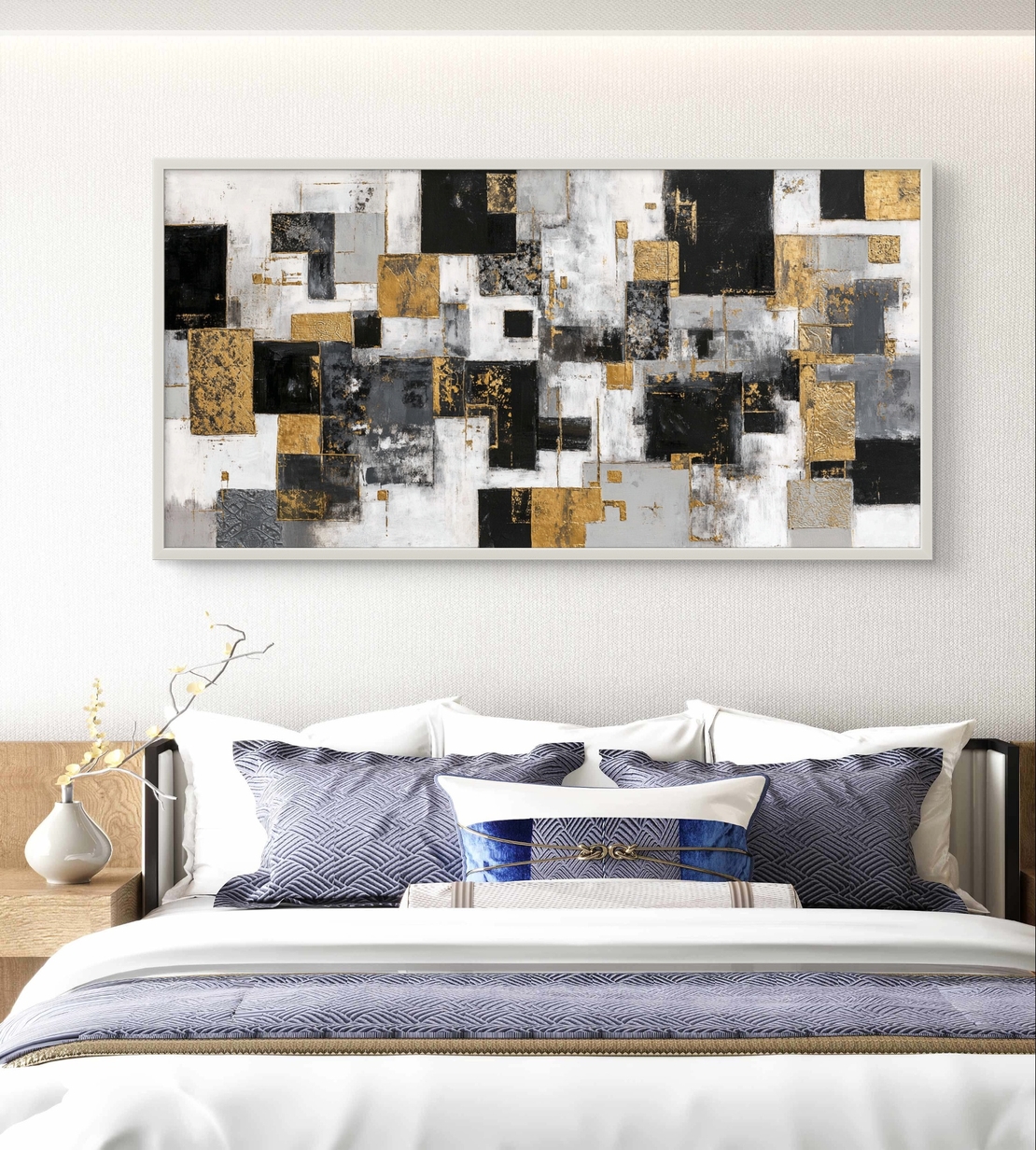 ציור קנבס מודרני עם קומפוזיציה גיאומטרית יוקרתית בשחור וזהב לסלון