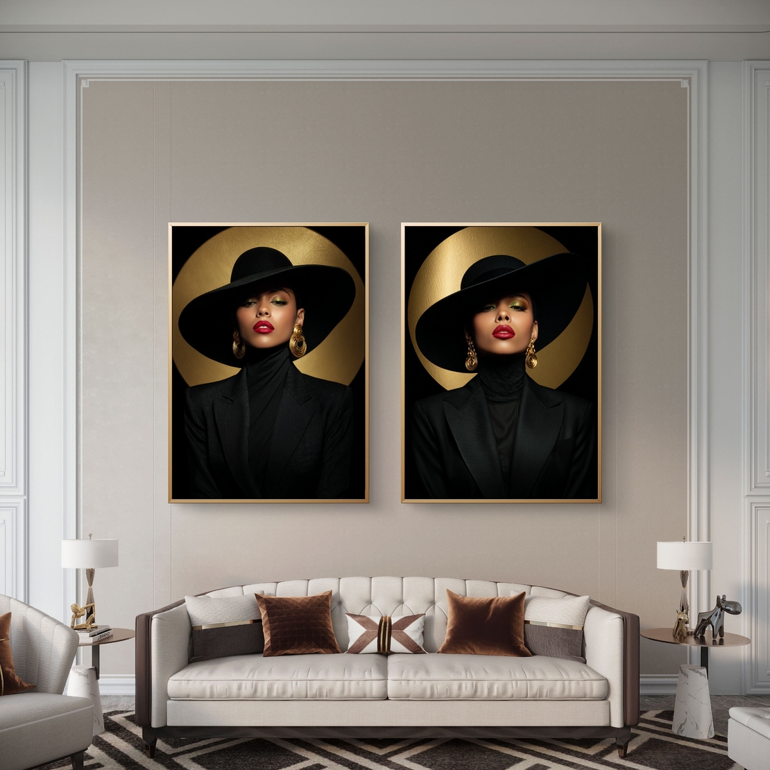תמונת קנבס זוגית עם דמות נשית יוקרתית בכובע שחור ונגיעות זהב בעיצוב אופנתי מודרני