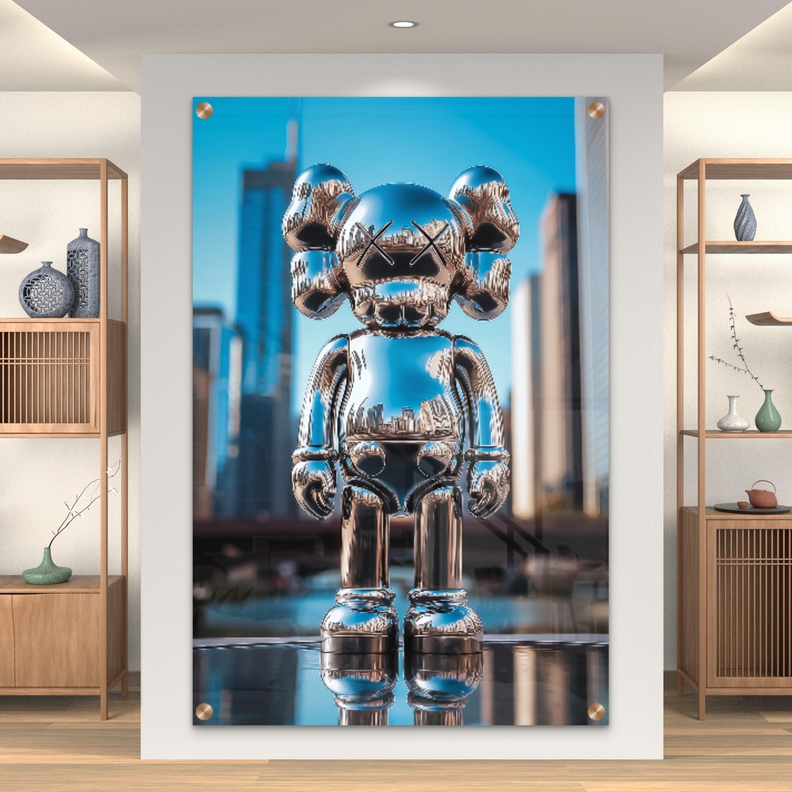 דמות כרום מבריקה עם השתקפות גורדי שחקים בתמונת זכוכית מעוצבת – NEXTGEN BY BAR