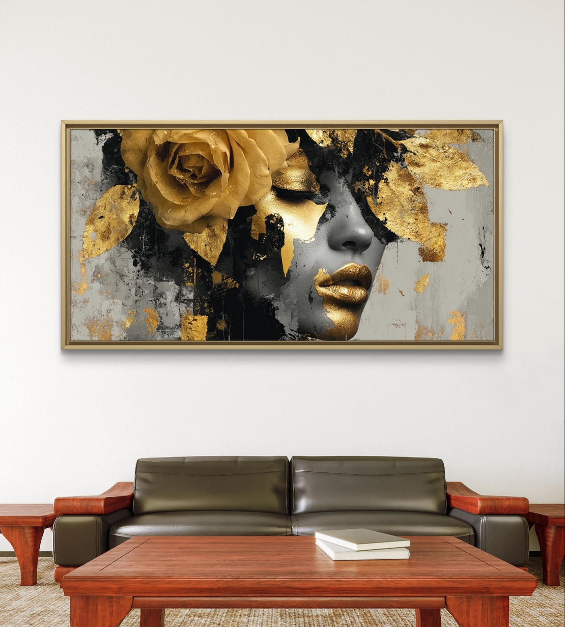תמונת קנבס לרוחב עם דיוקן נשי דרמטי בגווני שחור וזהב ועיטורי עלי זהב