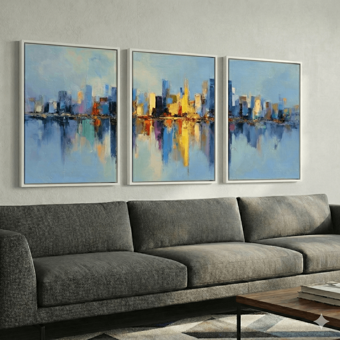 שלישיית תמונות קנבס עם נוף עירוני אבסטרקטי והשתקפות במים בגווני כחול וצהוב