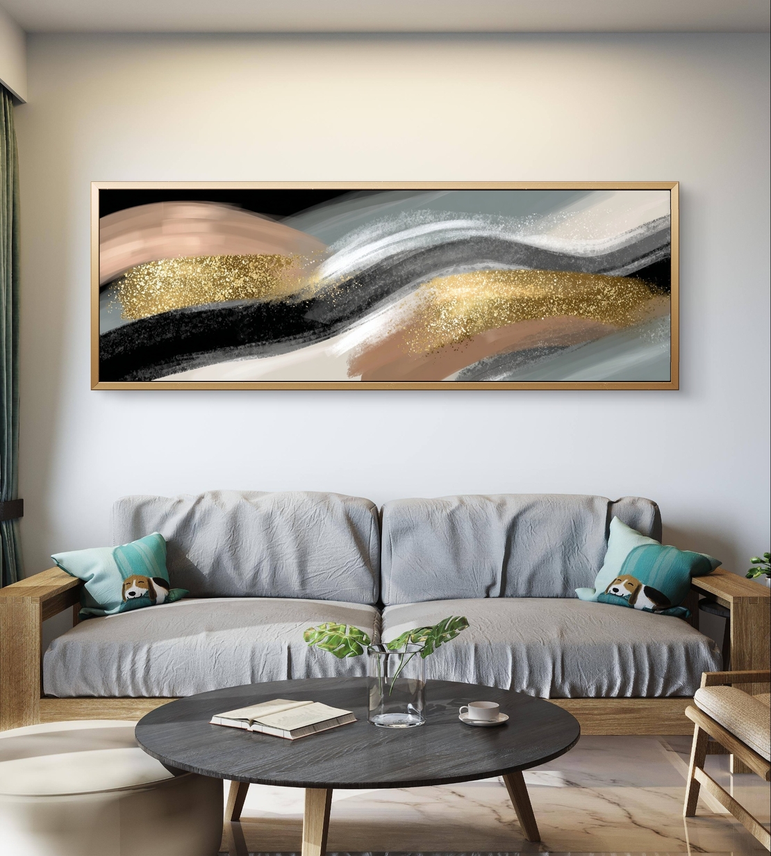 גל זהב – תמונת קנבס אבסטרקטית עם משיכות צבע שחור, לבן, בז׳ וזהב | CL6003