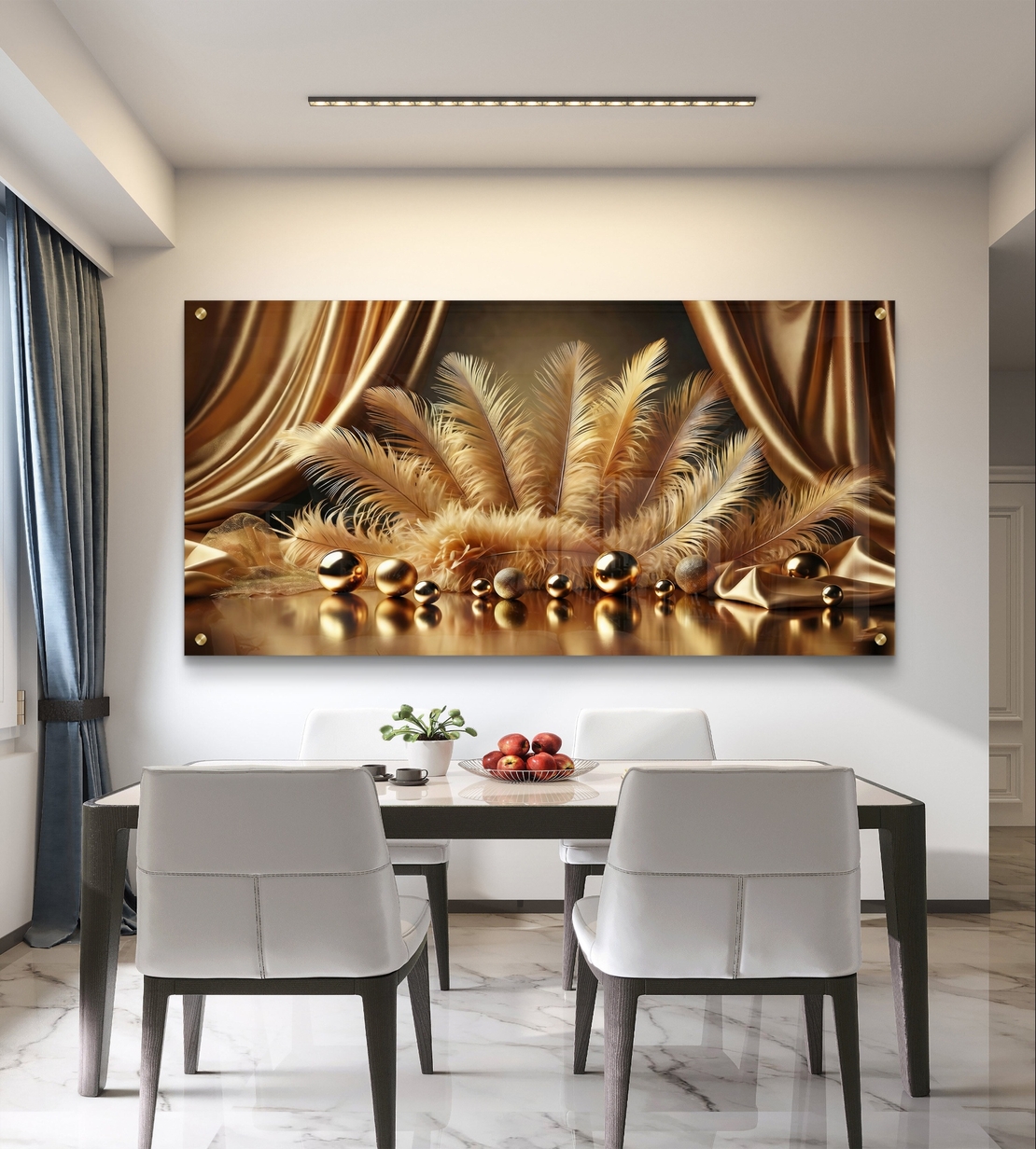 קטיפה מוזהבת – תמונת זכוכית יוקרתית עם נוצות זהב ווילונות דרמטיים | PN2503