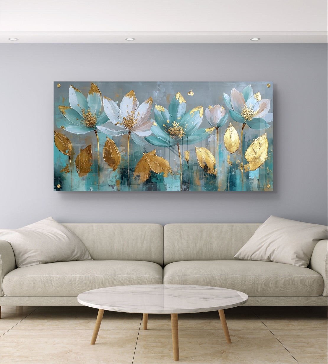תמונת זכוכית לרוחב עם פרחי לוטוס בגווני תכלת וזהב בהדפסה חלקה וללא תבליט