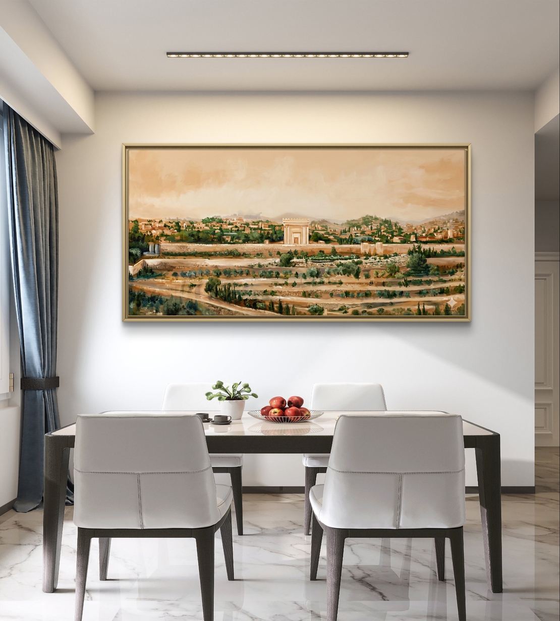 תמונת קנבס לרוחב עם נוף ירושלים ושער סמלי בגווני זהב וטבע, הדפסה חלקה מבית תכשיט לבית